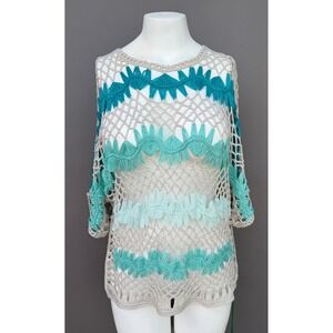 Christopher Banks Crochet Top Medium Teal Beige Boho Batwing Sleeve Beach Cover